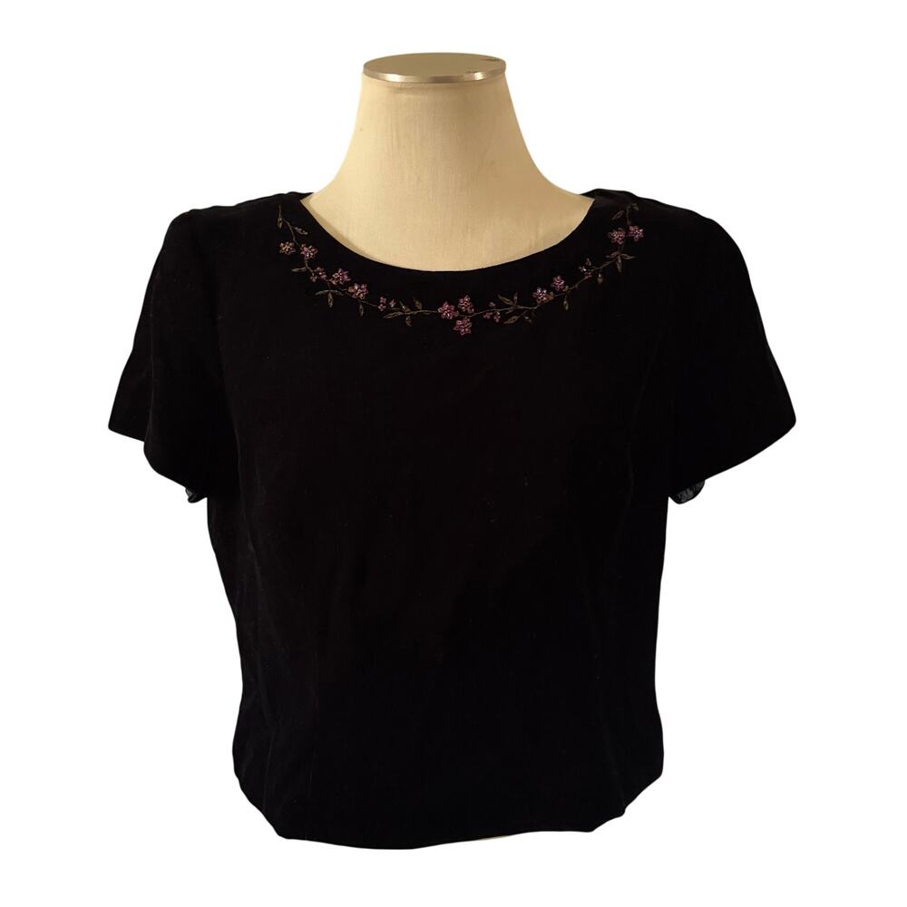 Vtg Y2K 2000s Black Velvet Floral Embroidered Top Plus Sz 16 Fairy Grunge Whimsy